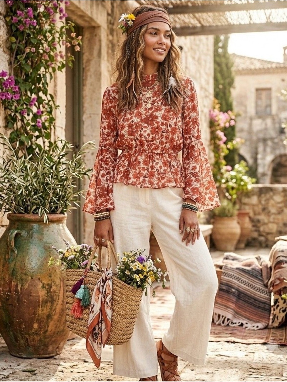 ANDREE BY UNIT Rust Floral Bell-Sleeve Blouse